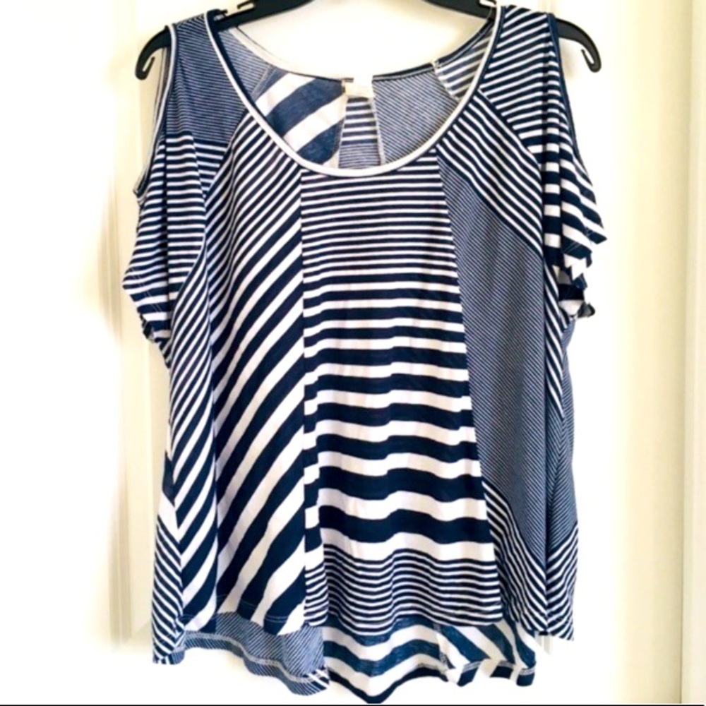 LOVESOUP navy white striped cutout shoulder tent blouse size small
